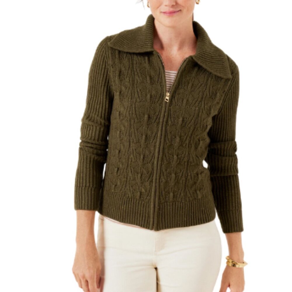 Talbots Womens Medium Pointelle Knit Sweater Jacket Tweed Deep Moss